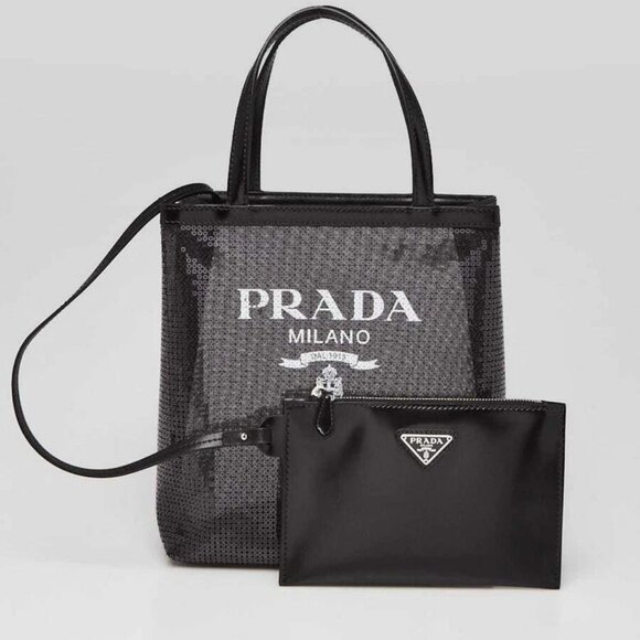 Prada Black Sequin Mesh and Leather Small Tote Bag 1BG417 - Picture 1 of 11